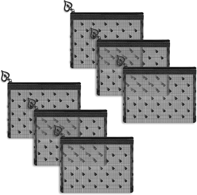 6 Pack Mini Zipper Mesh Makeup Bags, Heart Print Nylon Cosmetic Bags Toiletry Bags for Office Travel Organization (Black, XS)
