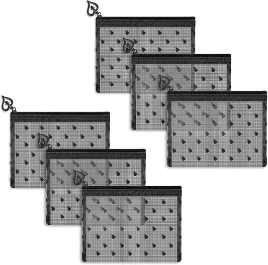 6 Pack Mini Zipper Mesh Makeup Bags, Heart Print Nylon Cosmetic Bags Toiletry Bags for Office Travel Organization (Black, XS)