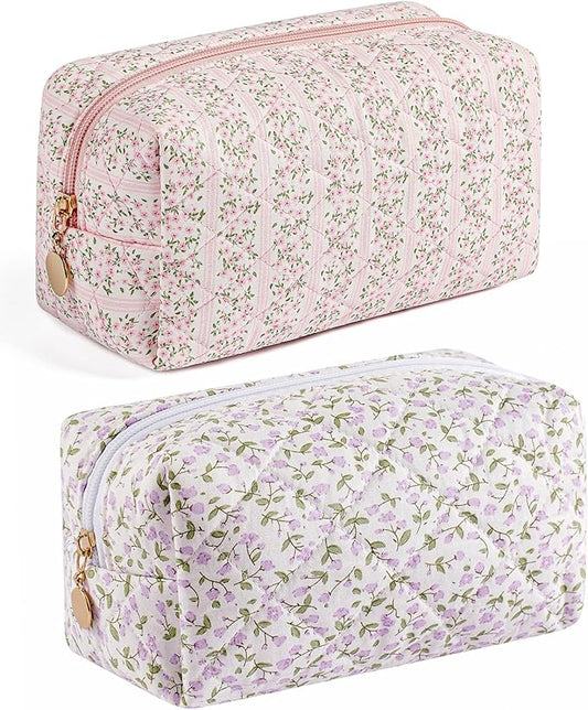 Makeup Bag Travel Cosmetic Bag for Women Girls, Zipper Make Up Pouch, Floral Flowers Toiletry Organizer Makeup, Portable Storage Cosmetic Travel Cloth Bag (Pink+Purple Floral)