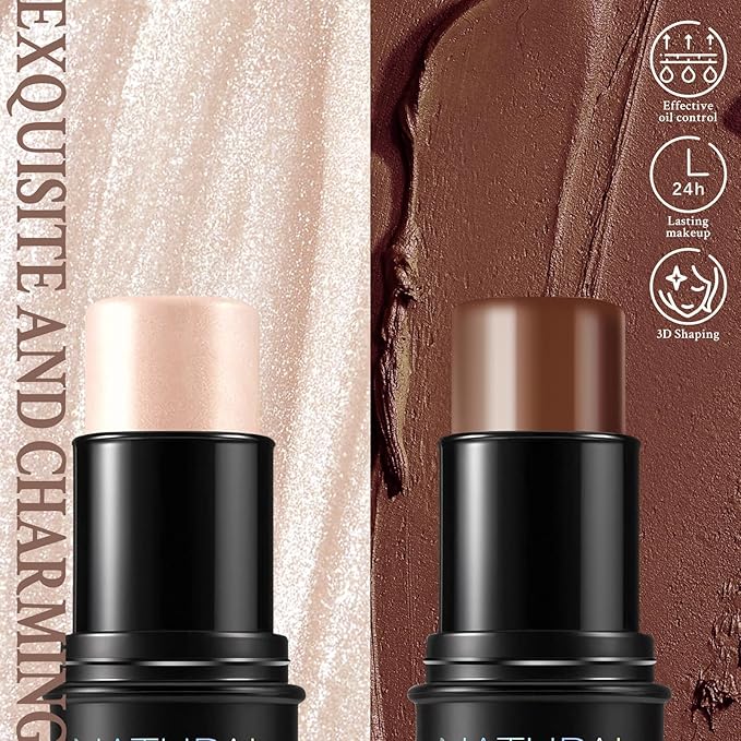 2 Pcs Cream Contour Highlighter Stick for Face Cheeks, Face Brightens Trimming Cream Bronzer Stick, Waterproof Long Wearing Contour Wand Matte & Dewy Finish Face Shaping Makeup (2+6)