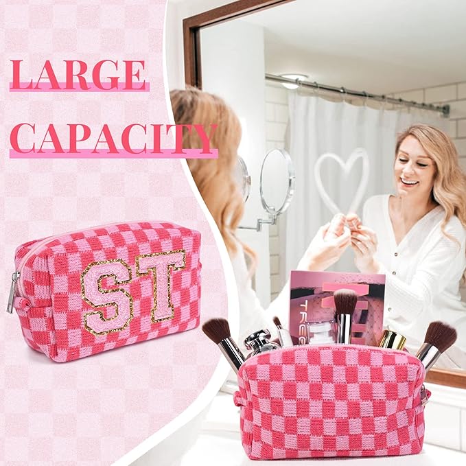 6 Pcs Preppy Makeup Bag Bulk Checkered Cosmetic Bag Pink Makeup Pouch Personalize Travel Toiletry Bag Organizer Cute DIY Makeup Brushes Storage Bag for Women