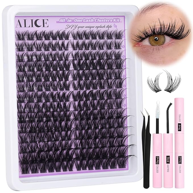 ALICE Cluster Eyelash Extension Kit Natural Wispy Lash Clusters Kit DIY Lash Extension Kit 196pcs 10-18mm Individual Lashes with Mix 4-7mm of Lash Band Lash Glue Lash Twezeers