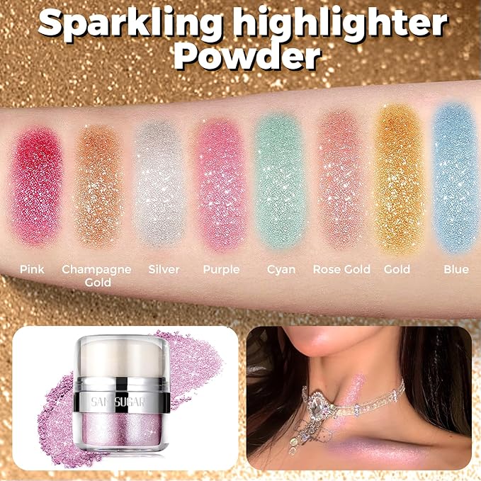 Body Shimmer Powder, Glitter Highlighter for Face, Liquid Highlighter Blush Body Glow Shimmer Powder Fairy Brightening Makeup Stick for Eyes, Hair (Purple, 1.13 Oz)