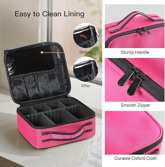 Makeup Organizer Bag, 10 Inch Portable Makeup Box with Adjustable Strap Cosmetic Bag with Brush Storage Sturdy Dual Zip Closure, Cosmetic Case for Women, Waterproof, Durable, Gift for Her, Rose Red