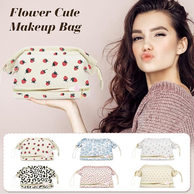 Makeup Bag for Women, Large Make Up Bag Corduroy Cosmetic Bag for Girls, Make up Travel Bag Essentials, Leopard Cute Toiletry Bag for Women Travel Size Toiletries Bag