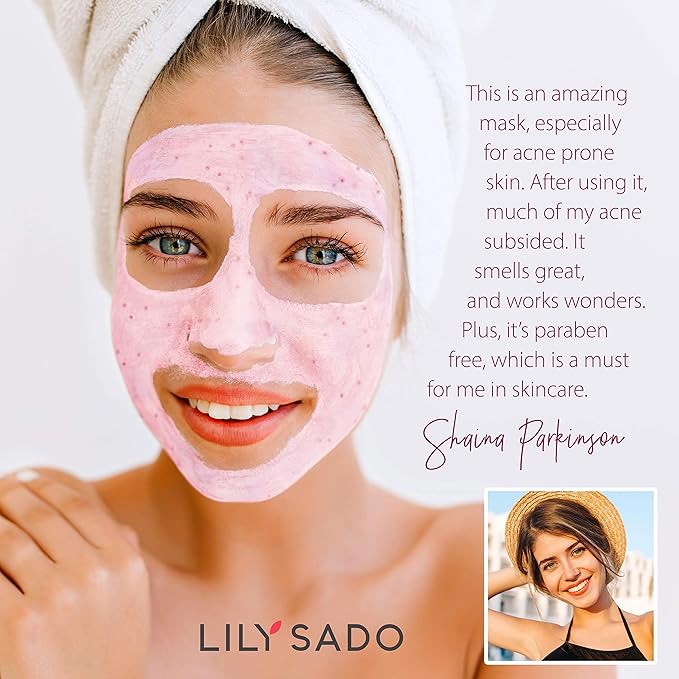 LILY SADO Rose Berry Pink Clay Mask w Rose Water & Fresh Berries - White Tea & Jojoba Beads Gently Exfoliate, Balance & Purify to Prevent Acne & Blackheads - 4 oz