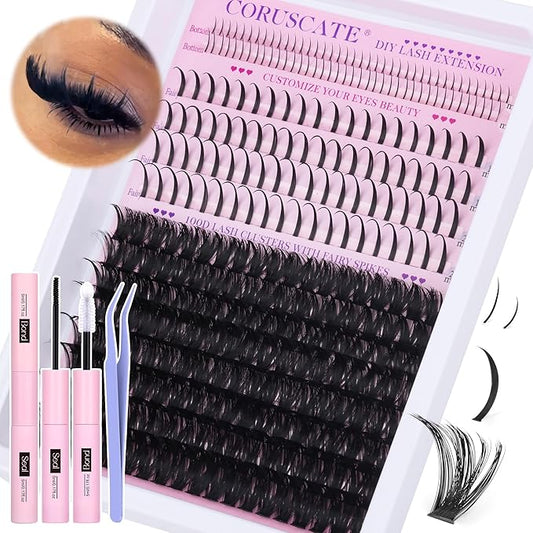 100D Lash Clusters Kit with Bottom Lashes Spikes DIY Lash Extension Kit Thick Cluster Eyelash Extensions 5-20mm Cluster Lashes Strips Eyelash Clusters Individual Lashes Kit with Glue by CORUSCATE
