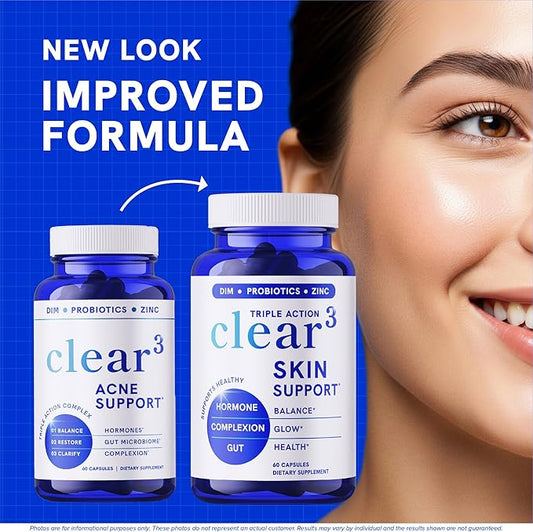 Clear Skin Acne Supplement with Zinc, DIM & Probiotics | 3-in-1 Balance, Clarify, Restore Support with Hyaluronic Acid & Skin Support Vitamins | for Women & Men | Oral Hormonal Acne Pills | 60 Ct
