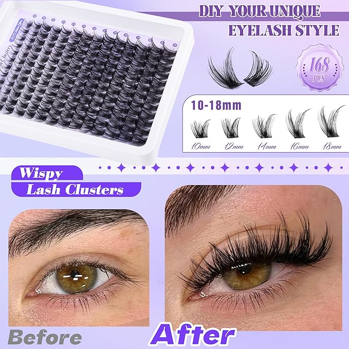 ALICE Lash Clsusters Kit Wispy Cluster Eyelash Extension Kit 168pcs 10-18mm Natural Lash Extension Kit Thin Band Individual Lashes Kit with Lash Glue Bond and Seal DIY at Home
