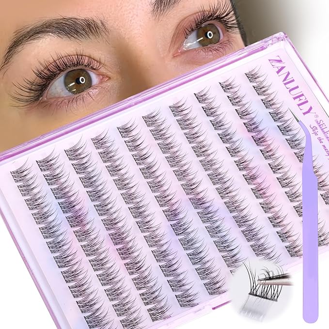Self Adhesive Lash Clusters Natural No Glue Individual Lashes Wispy Self Adhesive Eyelash Clusters with Clear Strips DIY Eyelash Extensions(10-12MM)