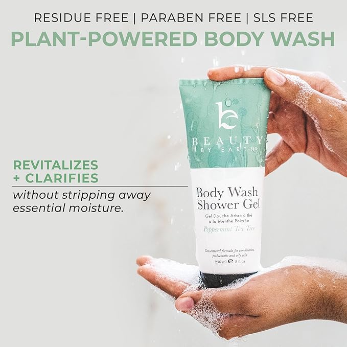 Beauty by Earth Peppermint Tea Tree Oil Shower Gel Body Wash - Made in USA with Organic & Natural Ingredients, Mens Body Soap Liquid, Moisturizing Cleansing Gel for Men & Women, Non Toxic Body Wash