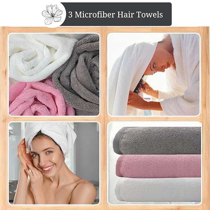 Hair Care Gift Set for Women – 8-Piece Spa Accessories Box with Detangler Brush, 3 Microfiber Towels, 3 Satin Scrunchies & Scalp Massager Shampoo Brush - Hair Styling & Self-Care Gift