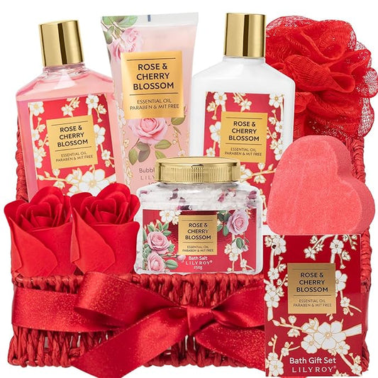 Bath and Body Gift Basket Set for Mothers Day - 9 Pcs Luxury Rose Spa Gift Basket Set for Women, Gift with Bath Bomb | Perfect Valentine's, Birthday, Christmas Gifts for Her, Gift for Mom All Occasion