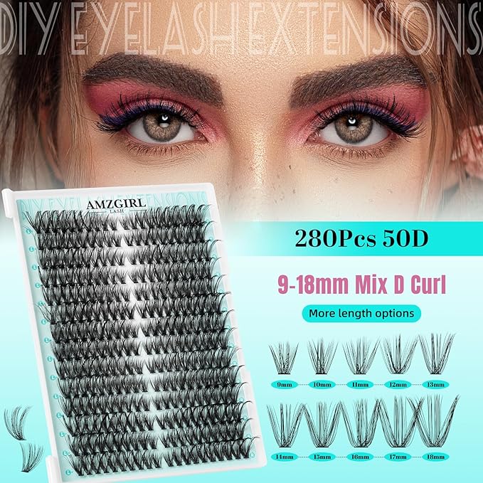 Natural Lash Clusters Left&Right Eyelash Clusters 280pcs D Curl Wispy Cluster Lashes DIY Individual Lashes Extension Thin Band Cluster Eyelashes Extensions(50D,9-18mm Mix)