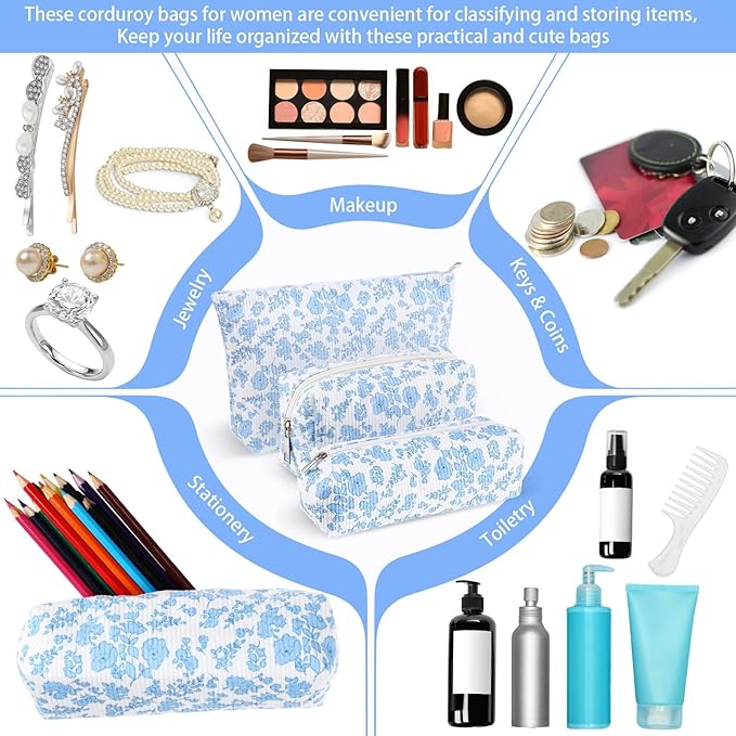 3 Pcs Makeup Bag Set for Women Corduroy Cosmetic Pouch Aesthetic Smile Travel Toiletry Bag Cute Purse Pouch Pencil Case Makeup Brushes Storage Organizer for Christmas(Blue, Flower)