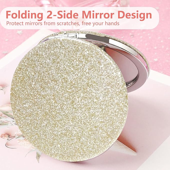 Acedada Compact Mirror, Pocket Mirror, Small Mirror for Purse with Glitter, Portable Mini Travel Makeup Mirror, Folding Handheld 2-Sided 1x/2x Magnifying Compact Mirror for Women Girls - Gold