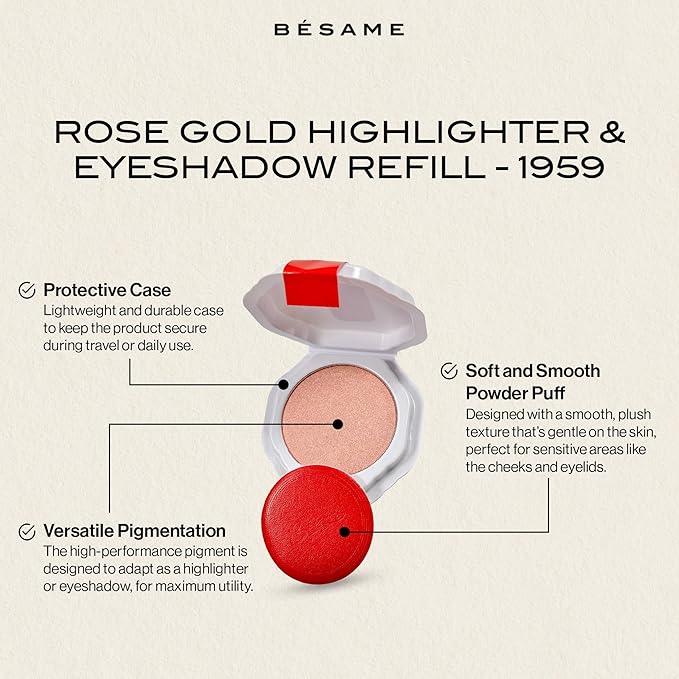 Besame Cosmetics Rose Gold Highlighter Refill - Fits Signature Compacts Post-2019, Shimmering Glow, Safe for Eyes