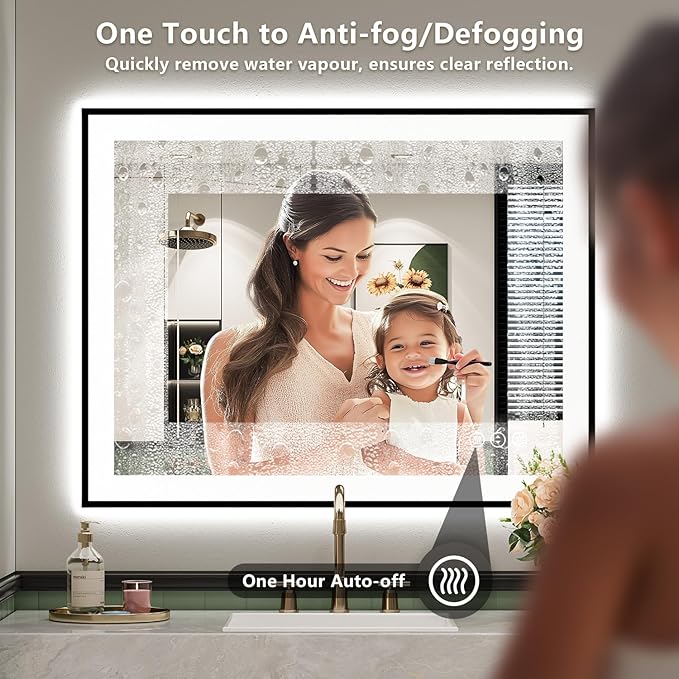 36x36 Inch LED Bathroom Mirror with Lights (Front Lit and Backlit) Black Framed Lighted Vanity Mirror for Bathroom Wall Dimmable Anti-Fog Memory Tempered Glass Horizontal/Vertical