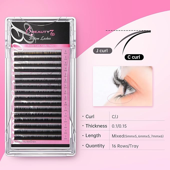 Beauty7 Mixed Volume Under Bottom Lower Individual False Eyelash Extension Tray Matte Synthetic Mink Lash (0.1 Thickness, C Curl)
