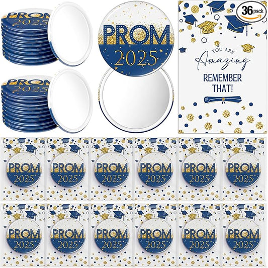 36 Sets Prom 2025 Graduation Party Favor Prom Compact Mirror for Her Him Inspirational 2025 Graduation Cards for Senior Night College Party Gifts(Blue Gold)