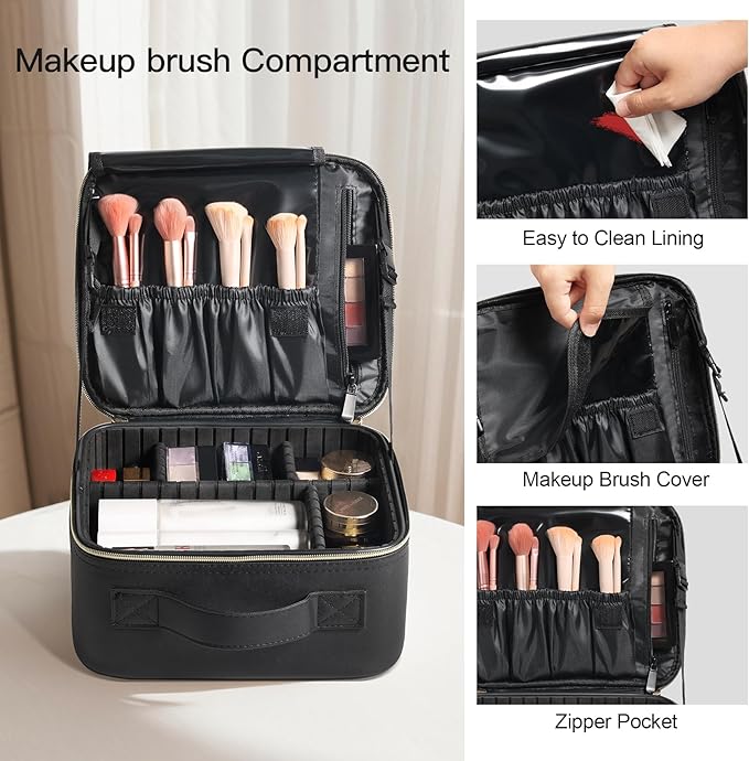 Makeup Travel Case 10 Inch, Large Storage Capacity Makeup Organizer Travel Bag with Compartment, Portable Cosmetic Case for Women, Waterproof, Durable, Gift for Her, Black