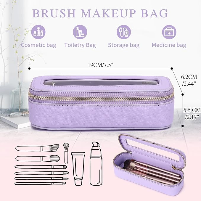 Makeup Brush Case Clear Travel Cosmetic & Toiletry Bag Slim Makeup Bag with Zipper Small Purse Organizer Car Essential Bag for Women (X/Purple, SLIM-3)