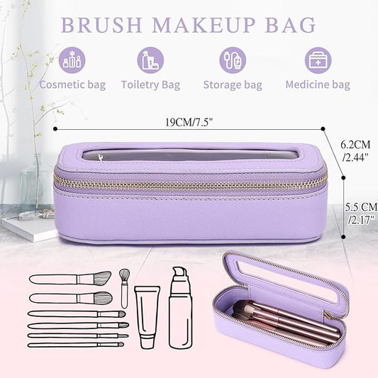 Makeup Brush Case Clear Travel Cosmetic & Toiletry Bag Slim Makeup Bag with Zipper Small Purse Organizer Car Essential Bag for Women (X/Purple, SLIM-3)