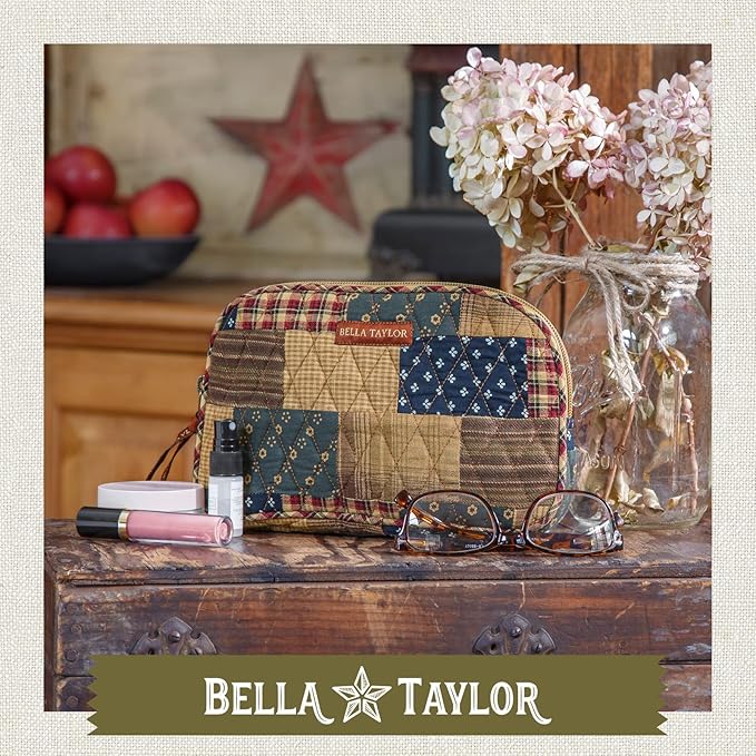 Bella Taylor Large Quilted Cotton Makeup Pouch for Women, Travel Cosmetic Bag, Quilted Cotton Primitive Patch Navy, Red and Tan Patchwork