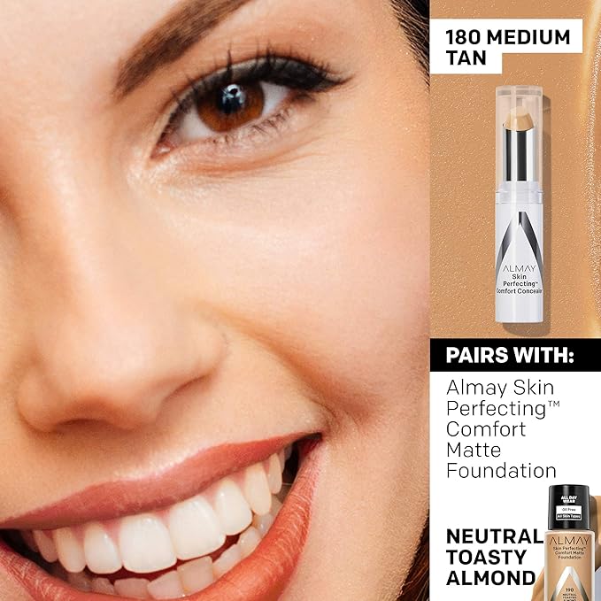 Almay Skin Perfecting Comfort Concealer, Face Makeup, Full Coverage, Natural Looking Finish, Cruelty-Free, Hypoallergenic, Dermatologist Tested, 180 Medium/Tan, 1 Count