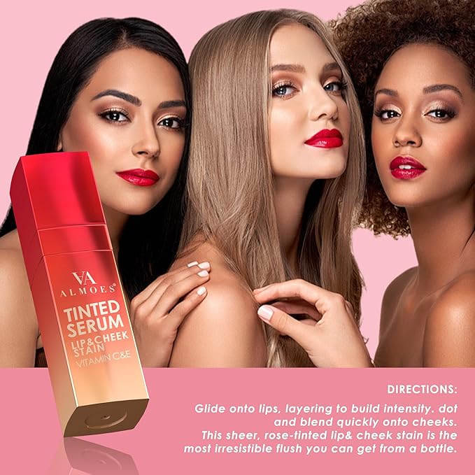 ALMOES Lips Stain,Rose Lips Tint Stain,Long-lasting Liquid Blush for High-Pigment Colour,Creates a Soft & Nourishing & Lustrous,Long-Lasting Wear,Dewy Finish, Moisturising Refreshing Tinted Serum