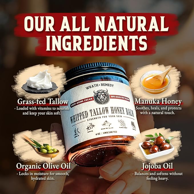Wrath & Remedy Handmade Whipped Organic Beef Tallow for Skin - 4 OZ (Unscented) — Grass Fed Beef Tallow Moisturizer and Honey Balm for Silky, Sensitive-Skin, Eczema, Rosacea - Free of Harsh Chemicals