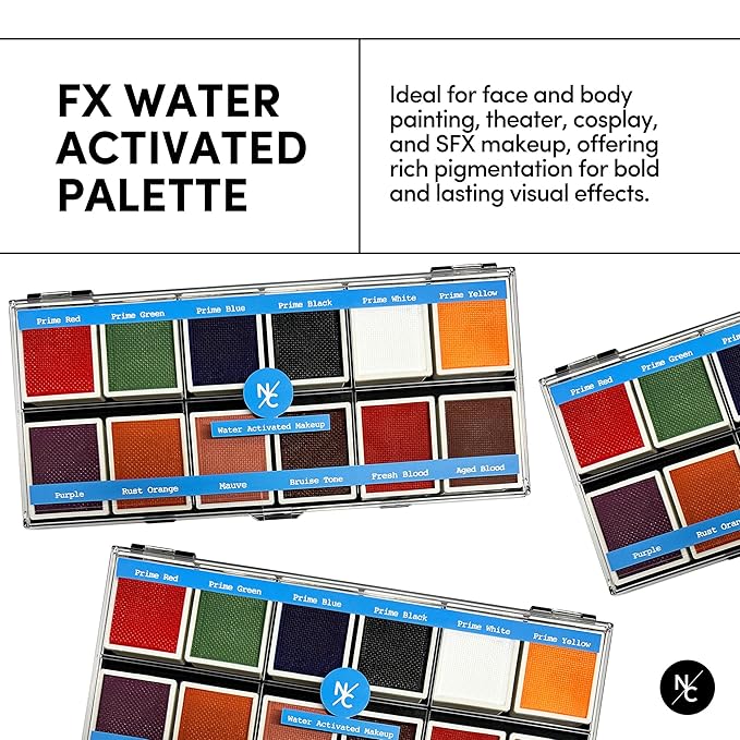 FX 12-Color Palette - Water-Activated Face & Body Paint for SFX, Theater, Cosplay - High-Pigment, Blendable SFX Makeup, Easy-to-Use for Film & TV