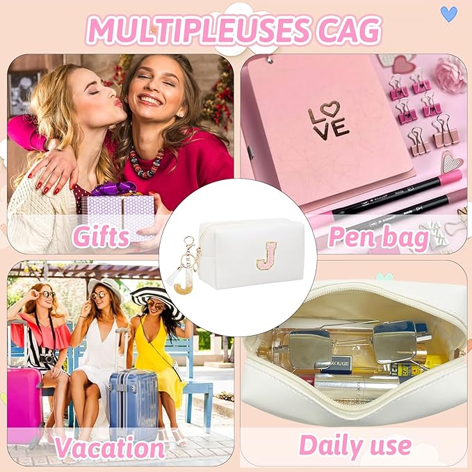 Birthday Gifts for Women Her,Travel Cute Makeup Bag,Large Capacity Cosmetic Bags for Women Makeup Pouch PU Leather Waterproof Cosmetic Bag (J, White)