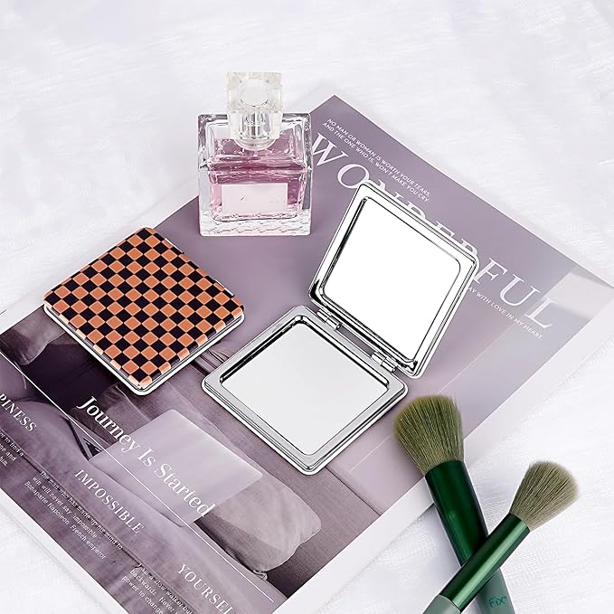 2 Pack Compact Mirror Black Brown Checkered Pattern, Portable Pocket Mirror with Double-Sided Magnification for Makeup, Touch-up and Travel