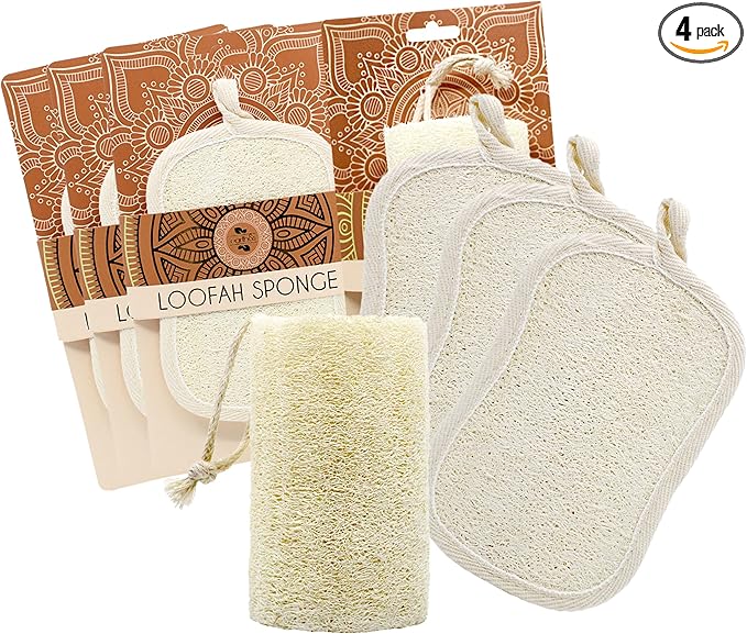 Earth & I Luxury Loofah Pack 4ct: 1 Natural Loofa Plant & 3 Dual-Sided Organic Loofah Pads - Bath & Shower exfoliator for Body & face, Body scrubbers, Travel loofah Bulk, lofas, luffa, loufa, lufas