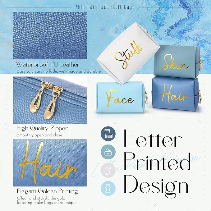 Aliceset 4 Pcs Preppy Makeup Bags Set Cute Travel Cosmetic Pouch Face Skin Hair Stuff Aesthetic Makeup Bags, PU Leather Waterproof Zipper Toiletry Pouch Gifts for Women Girl(Aqua Blue)