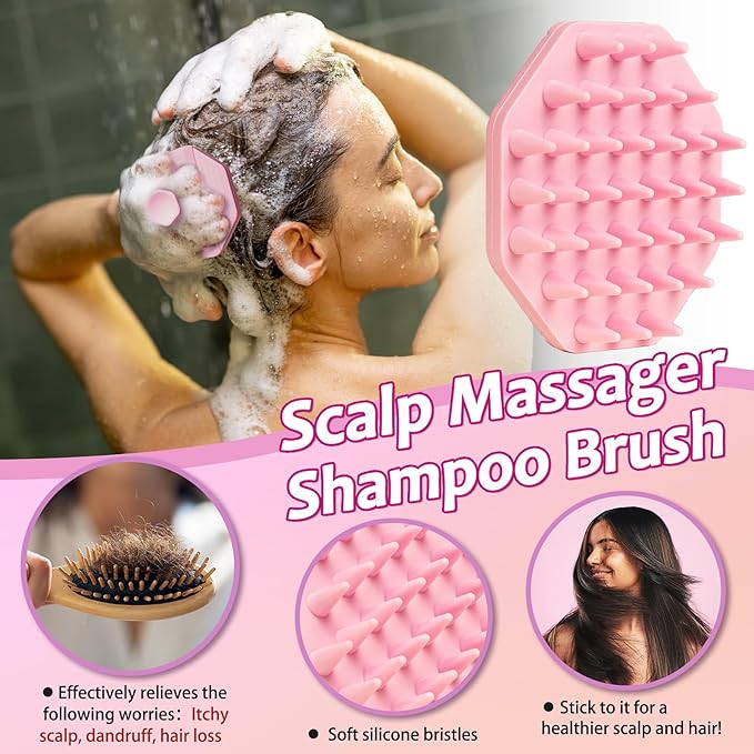 3 Soft Silicone Skin Scrubbers - Body Scrubber Exfoliating Brush Bath Shower Tool, with Gentle Manual Face Cleansing Wash Scrubber, with Hair Scalp Massager Shampoo Brush (Pink)