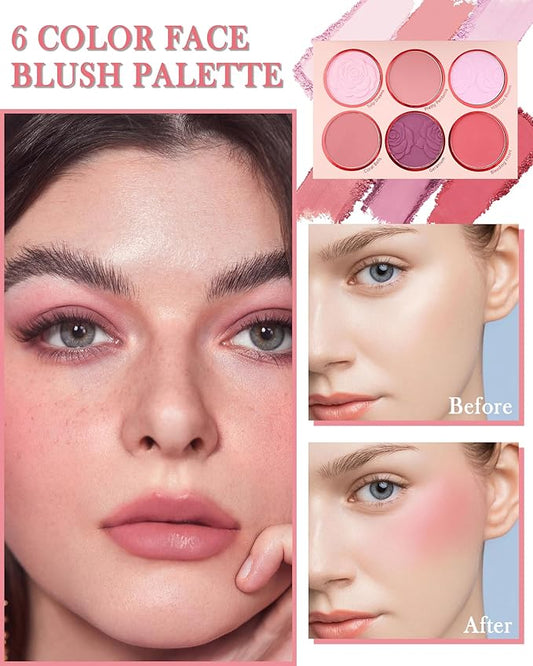 Matte Face Blush Palette with Brush-6 Colors Pink Purple Silky Mineral Blendable Blusher Contour Powder for Cheeks,Longlasting Facial Beauty Cosmetic,Mother's Day Makeup Gift for Women Girl-Set 01