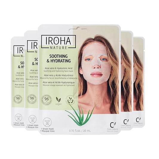 IROHA NATURE Comforting & Hydrating Tissue Face Mask with Aloe Vera | 5 Pack | Aftersun Effect | 96% Natural Ingredients