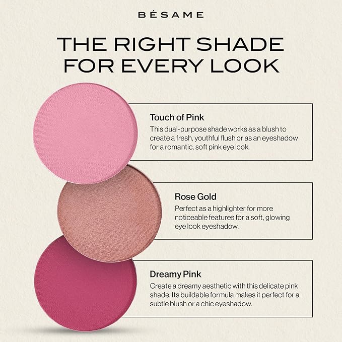 Besame Cosmetics Touch of Pink Powder Blush & Eyeshadow Refill - Fits Signature Compacts Post-2019, Pastel Pink, Safe for Eyes