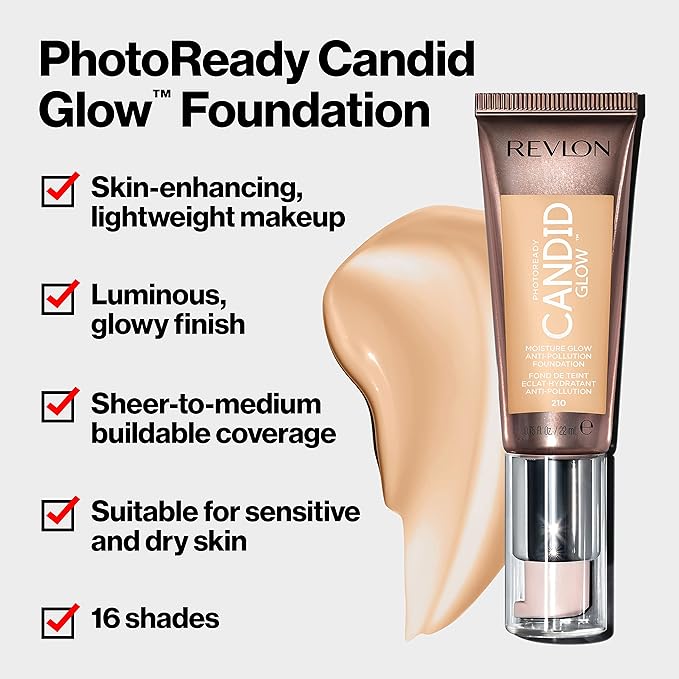 Revlon PhotoReady Candid Glow Moisture Glow Anti-Pollution Foundation with Vitamin E & Prickly Pear Oil,Anti-Blue Light Ingredients,without Parabens,Pthalates,and Fragrances,Creme Brulee,0.75 oz