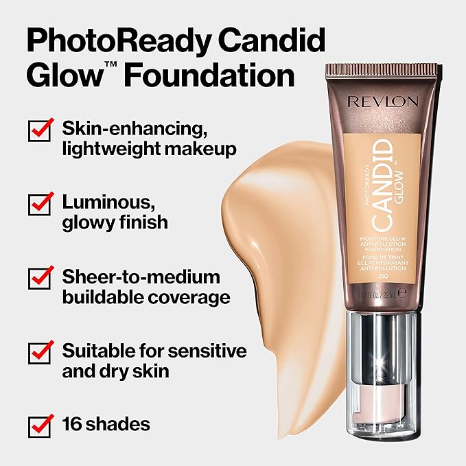 Revlon PhotoReady Candid Glow Moisture Glow Anti-Pollution Foundation with Vitamin E and Prickly Pear Oil, Anti-Blue Light Ingredients, without Parabens, Pthalates, and Fragrances, Tawny, 0.75 oz