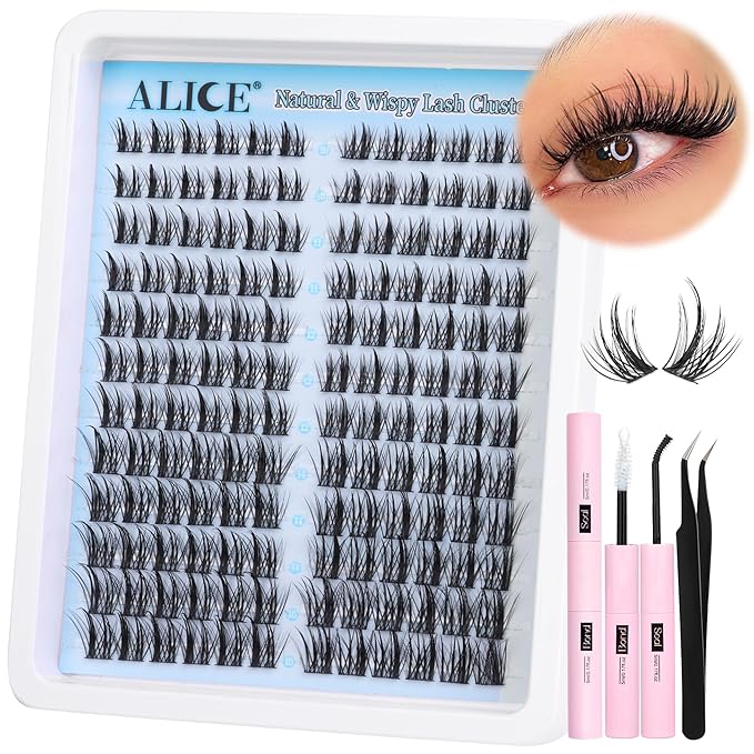 ALICE Natural Lash Clusters Kit Cluster Eyelash Extension Kit Left & Right Fluffy Wispy DIY Lash Extension Kit 144pcs 3D Anime C-Curly Eyelash Clusters Kit with Lash Glue Bond and Seal and Tweezers