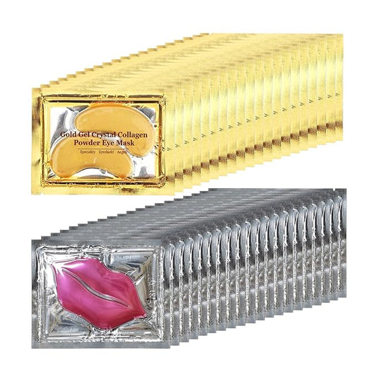 40 Pairs 24K Gold Eye Masks & Lip Masks, Crystal Collagen Under Eye Patches for Puffy Eye, Moisturizing Skin Care Lip Eyes Patches for Dark Circles, Wrinkles and Fine Lines (gold and pink)