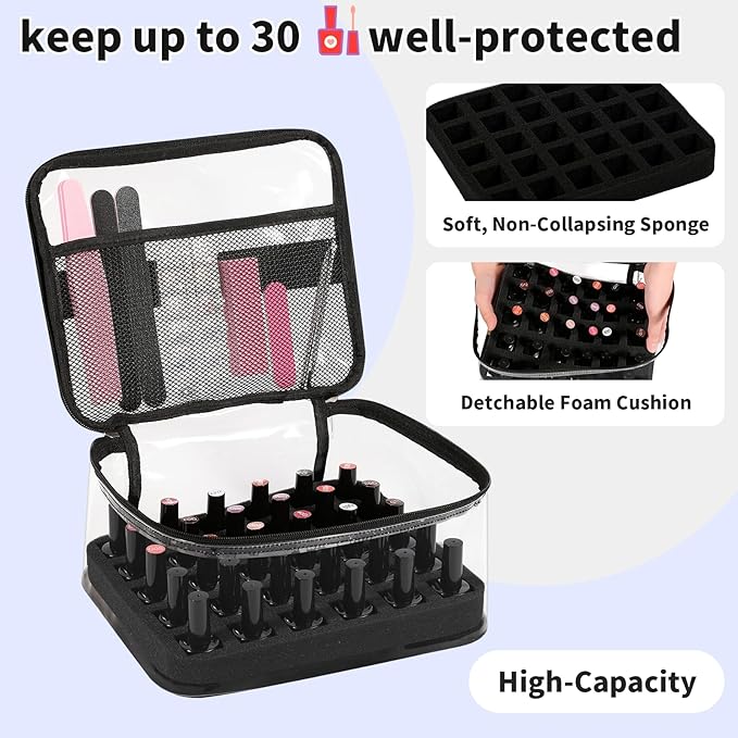 Beloving Nail Polish Organizer Bag Holds 30 Bottles (15ml/0.5 fl.oz) Portable Supplies Organizer Handbag for Manicure Tools, Portable Nail Supplies Kit Organizer Carrying Case (Black)