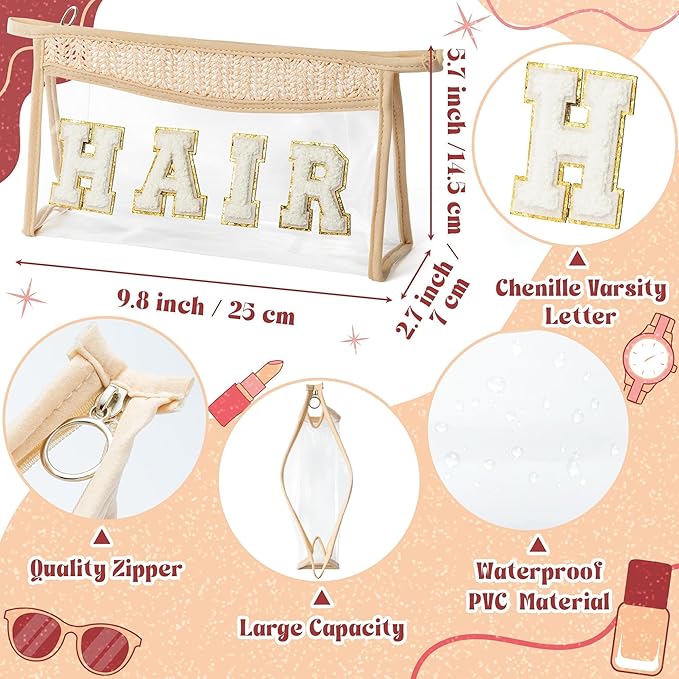 Boho Patch Cosmetic Bag - Summer HAIR Chenille Varsity Letter Toiletry Kit Beige Clear Waterproof Travel Makeup Bag PVC Zipper Clutch Daily Use Purse Summer Gifts for Women Girls