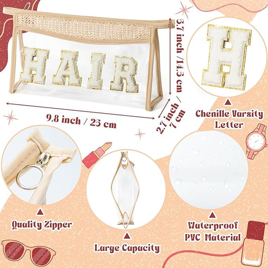 Boho Patch Cosmetic Bag - Summer HAIR Chenille Varsity Letter Toiletry Kit Beige Clear Waterproof Travel Makeup Bag PVC Zipper Clutch Daily Use Purse Summer Gifts for Women Girls
