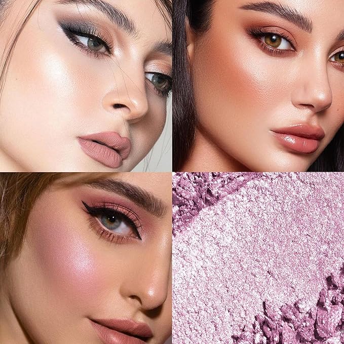 6-Color Face Cheek Highlighter Makeup Palette - Shimmer Glitter Iridescent Holographic Eyeshadow - Purple Rainbow Glitter Highlighter Makeup Highlight & Contour