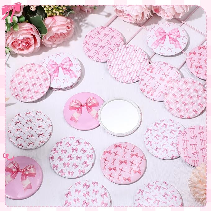 20 Pcs Pink Bow Coquette Compact Mirrors Bulk 2.76 Inch Round Portable Pocket Makeup Mirror Party Favors Gifts for Women Mother Bridal Shower Bachelorette Quinceanera Party Decor