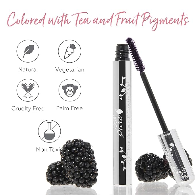 100% PURE Ultra Lengthening Mascara Dramatic Intense Volume & Length Natural Fruit Pigmented Voluminous Eyelash Makeup No Clumping, Smudging or Flaking - Vegan, Blackberry Color - 0.35 oz